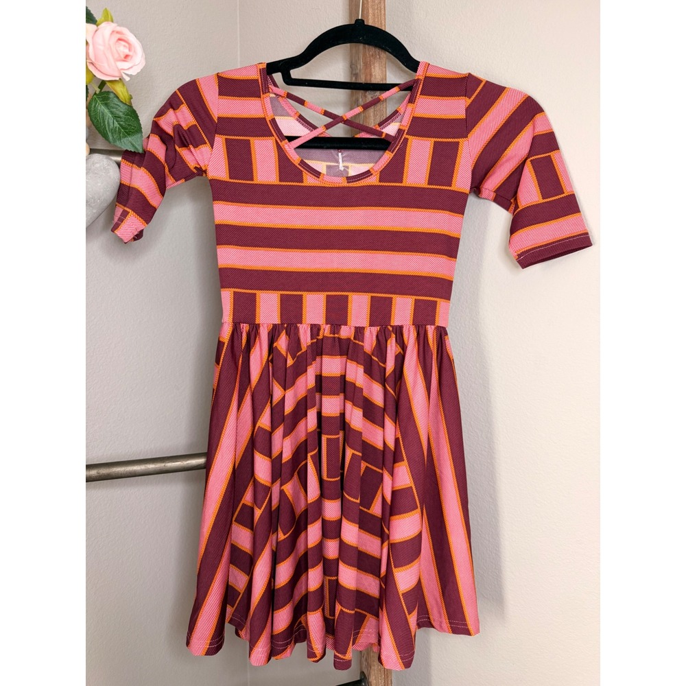 Dot Dot Smile Kids Pink Burgundy Geometric Stripe Strappy Back Twirl Dress 7 - Picture 4 of 7